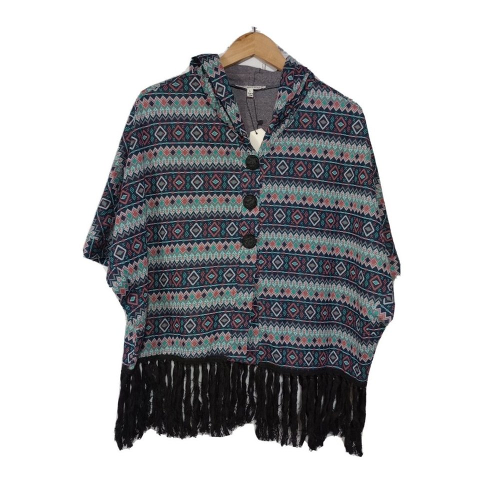 Women’s Shawl Size Large Hooded Fringed Shawl Top Aztec Pattern NEW